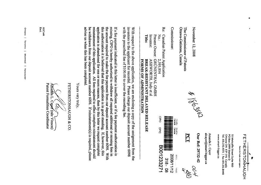 Document de brevet canadien 2595954. Cession 20081112. Image 1 de 3