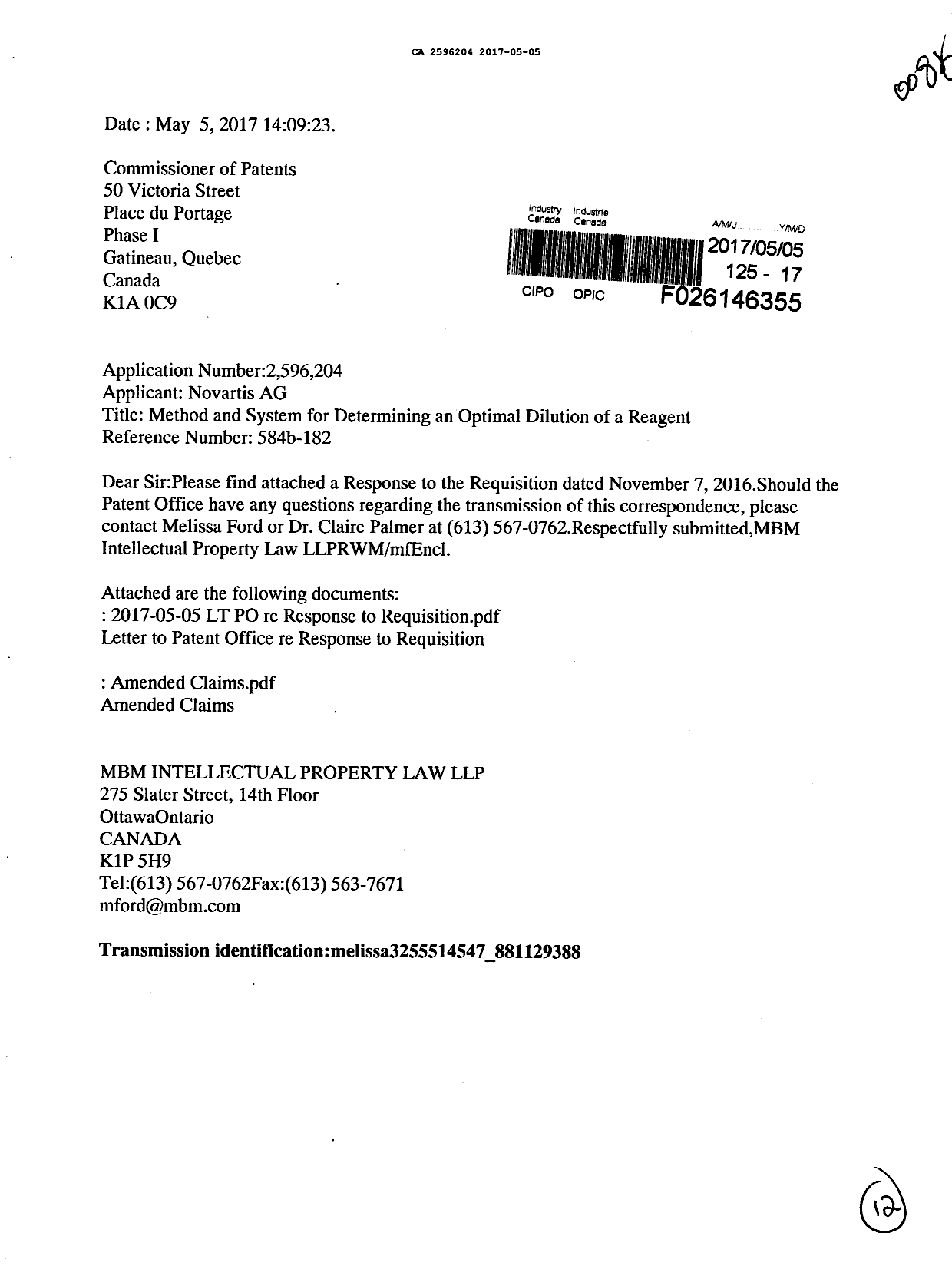 Document de brevet canadien 2596204. Modification 20170505. Image 1 de 12