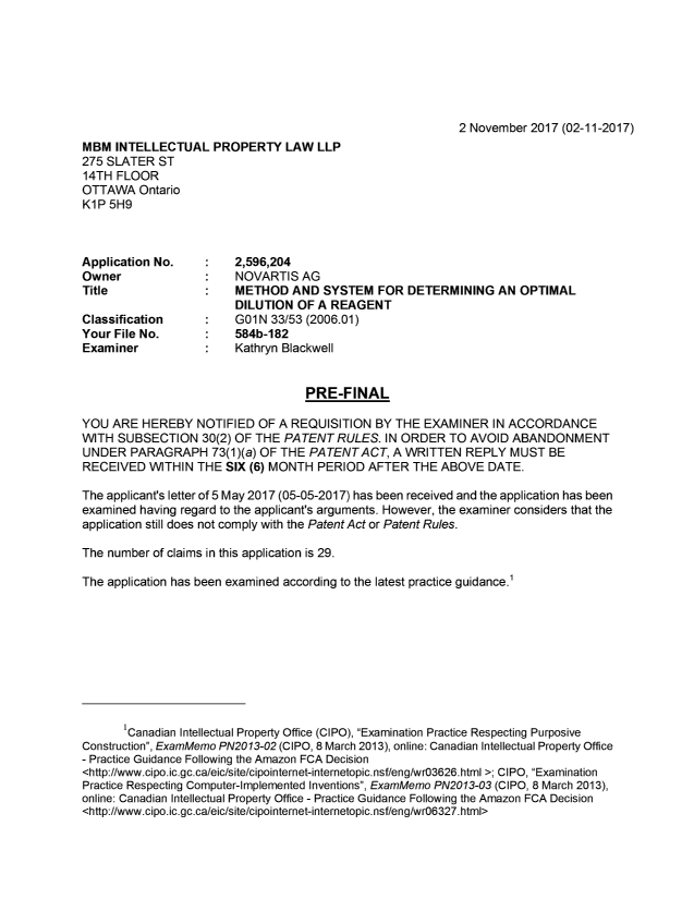 Document de brevet canadien 2596204. Demande d'examen 20171102. Image 1 de 7