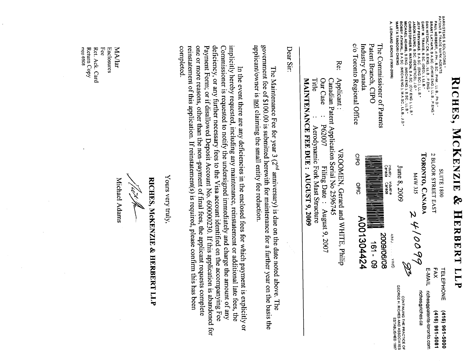 Canadian Patent Document 2596745. Fees 20090608. Image 1 of 1