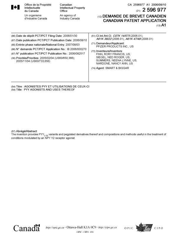Document de brevet canadien 2596977. Page couverture 20071107. Image 1 de 1