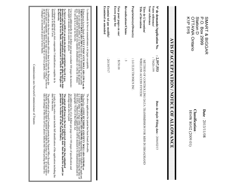 Document de brevet canadien 2597553. Correspondance 20131108. Image 1 de 1