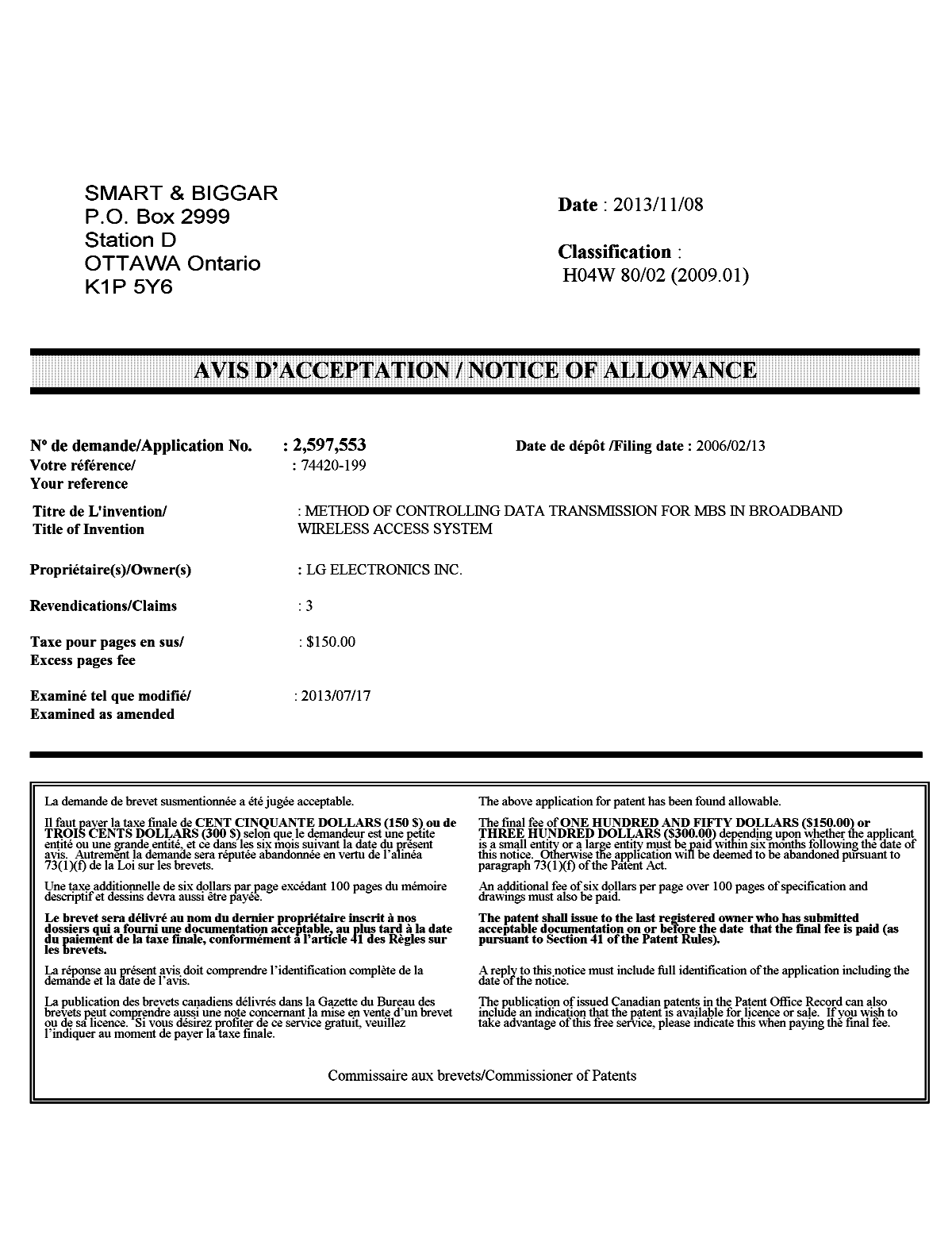 Document de brevet canadien 2597553. Correspondance 20131108. Image 1 de 1