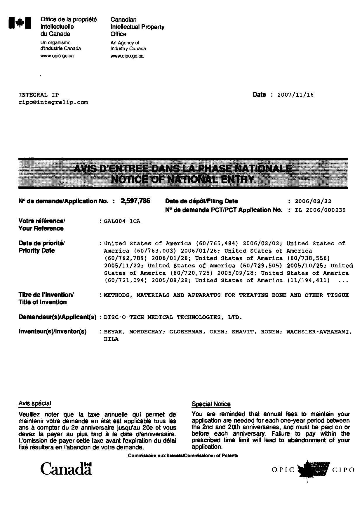 Document de brevet canadien 2597786. Correspondance 20071116. Image 1 de 1
