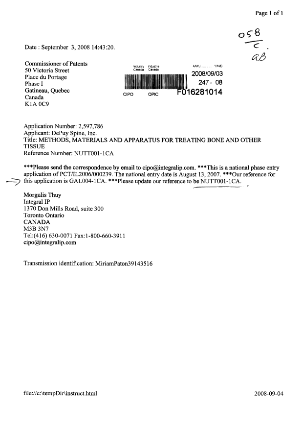 Document de brevet canadien 2597786. Correspondance 20080903. Image 1 de 1