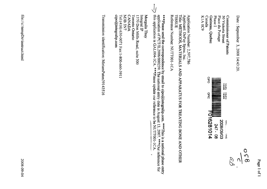 Document de brevet canadien 2597786. Correspondance 20080903. Image 1 de 1