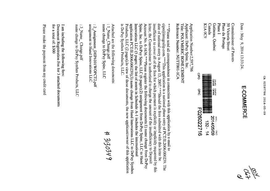 Document de brevet canadien 2597786. Cession 20140509. Image 1 de 15