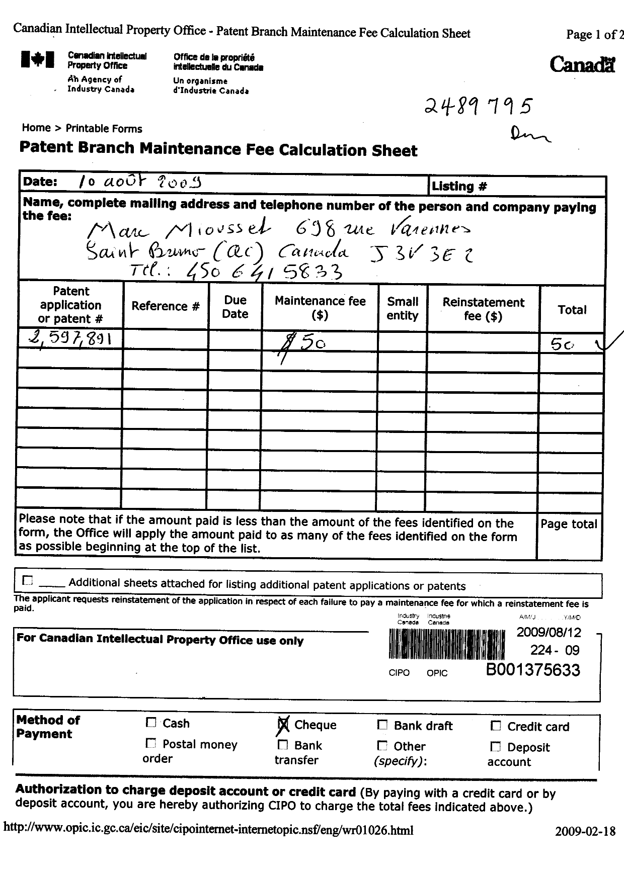 Canadian Patent Document 2597891. Fees 20090812. Image 1 of 3