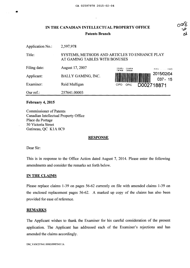 Canadian Patent Document 2597978. Prosecution-Amendment 20150204. Image 1 of 20