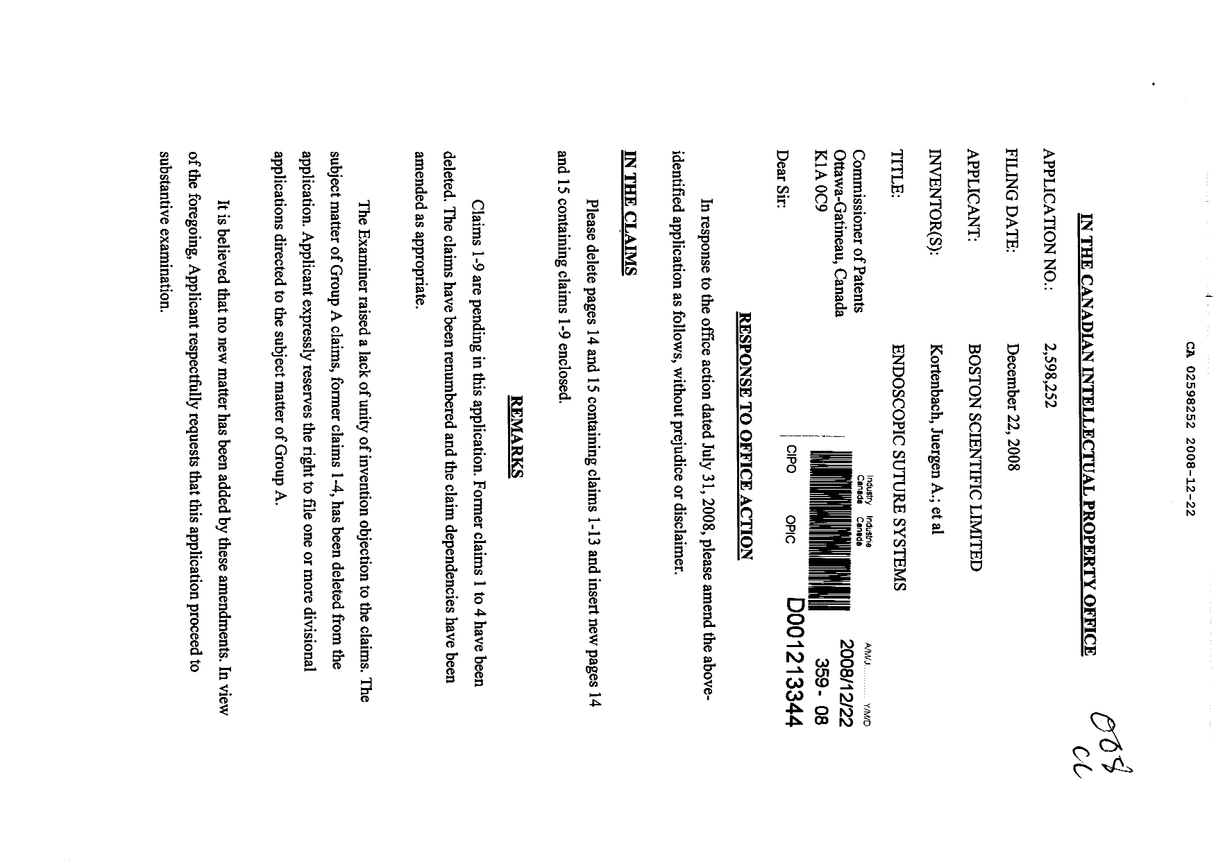 Canadian Patent Document 2598252. Prosecution-Amendment 20081222. Image 1 of 4
