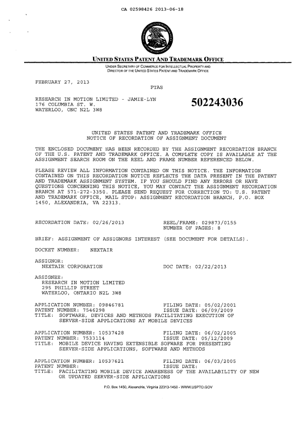 Document de brevet canadien 2598426. Cession 20130618. Image 2 de 11