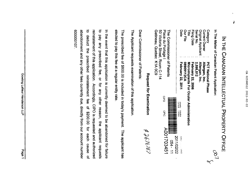 Document de brevet canadien 2598512. Poursuite-Amendment 20110222. Image 1 de 2