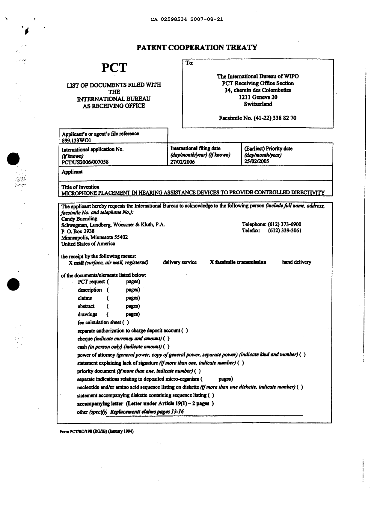 Document de brevet canadien 2598534. PCT 20070821. Image 1 de 15