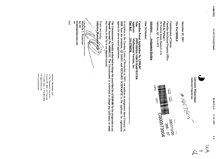 Canadian Patent Document 2598567. Assignment 20071220. Image 1 of 4