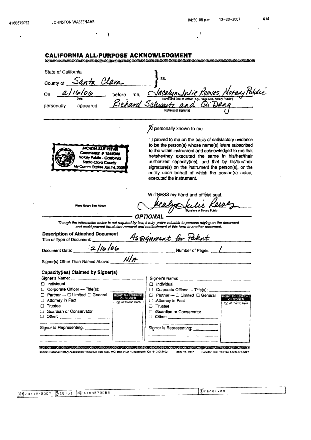 Canadian Patent Document 2598567. Assignment 20071220. Image 3 of 4