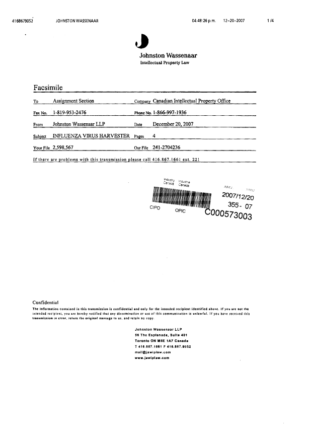 Document de brevet canadien 2598567. Cession 20071220. Image 4 de 4