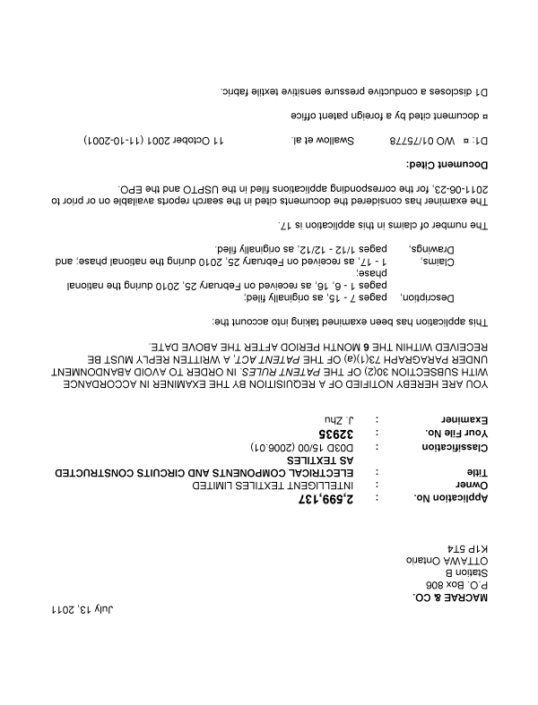 Canadian Patent Document 2599137. Prosecution-Amendment 20110713. Image 1 of 3