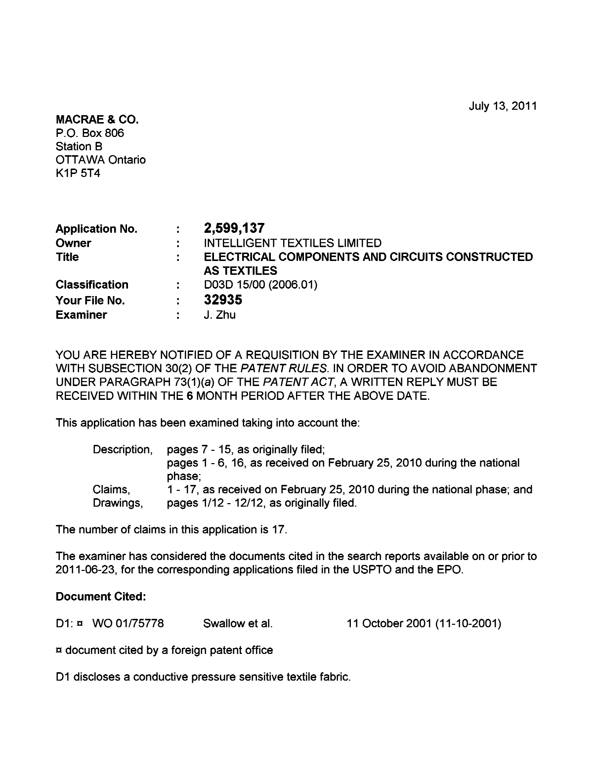 Document de brevet canadien 2599137. Poursuite-Amendment 20110713. Image 1 de 3