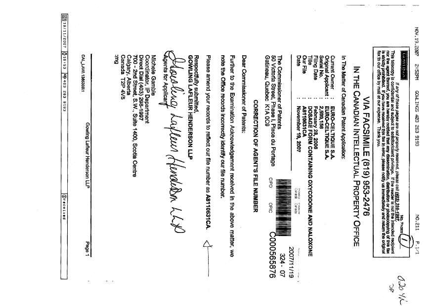 Canadian Patent Document 2599156. Correspondence 20071119. Image 1 of 1