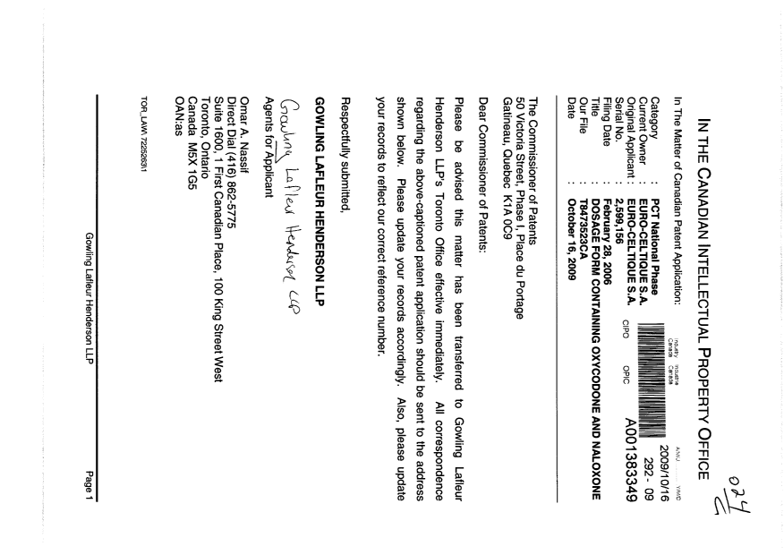 Document de brevet canadien 2599156. Correspondance 20091016. Image 1 de 1