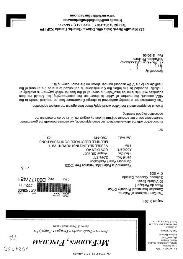 Document de brevet canadien 2599177. Taxes 20110809. Image 1 de 1