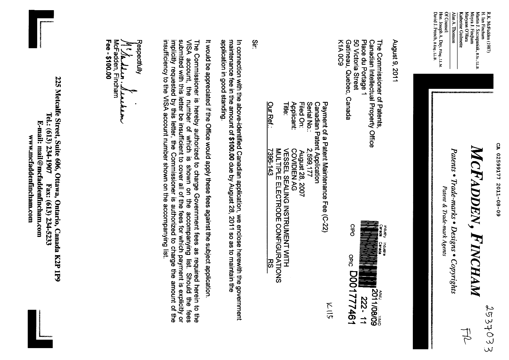 Document de brevet canadien 2599177. Taxes 20110809. Image 1 de 1