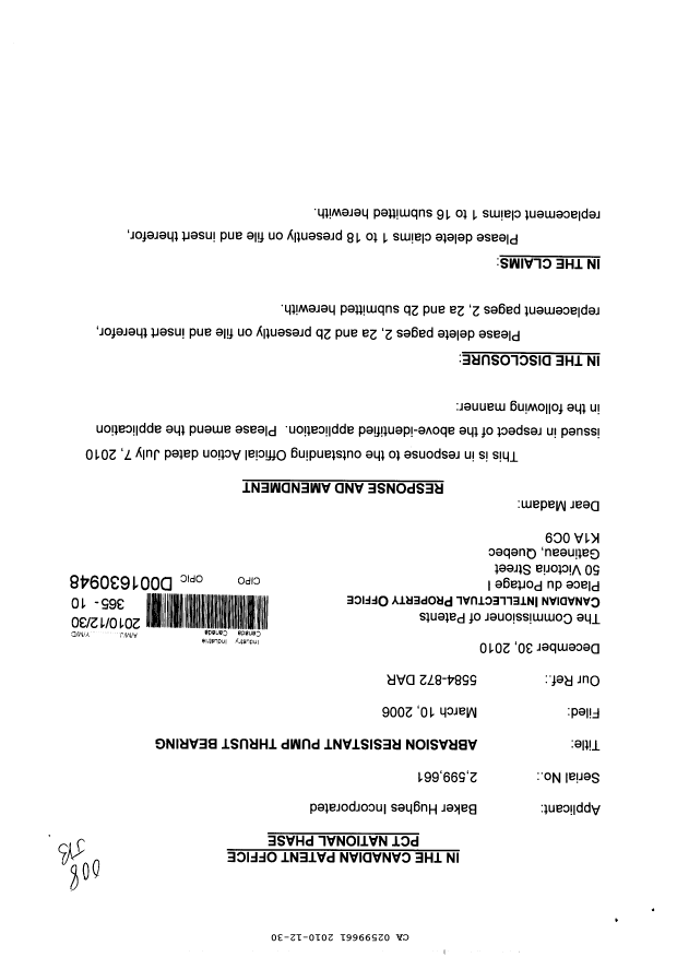 Canadian Patent Document 2599661. Prosecution-Amendment 20101230. Image 1 of 10