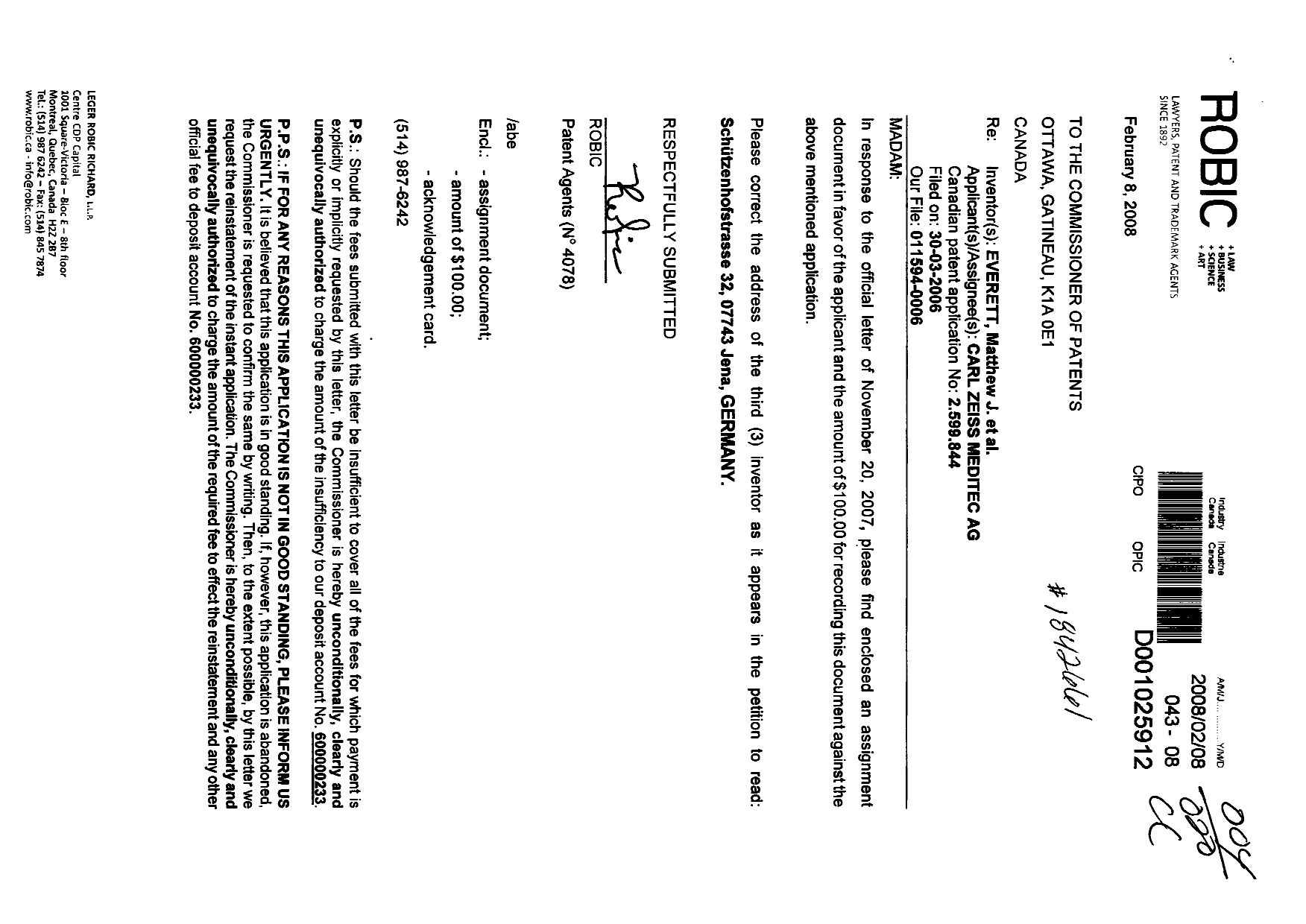 Canadian Patent Document 2599844. Assignment 20080208. Image 1 of 3