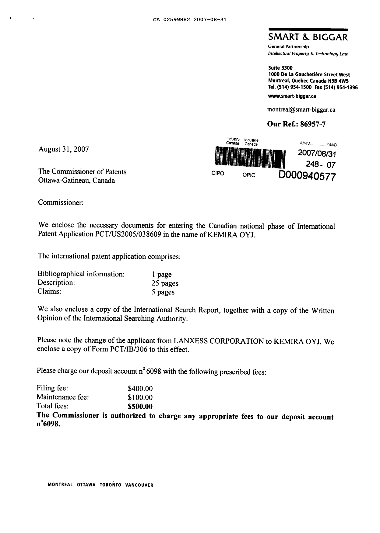 Canadian Patent Document 2599882. Assignment 20070831. Image 1 of 4