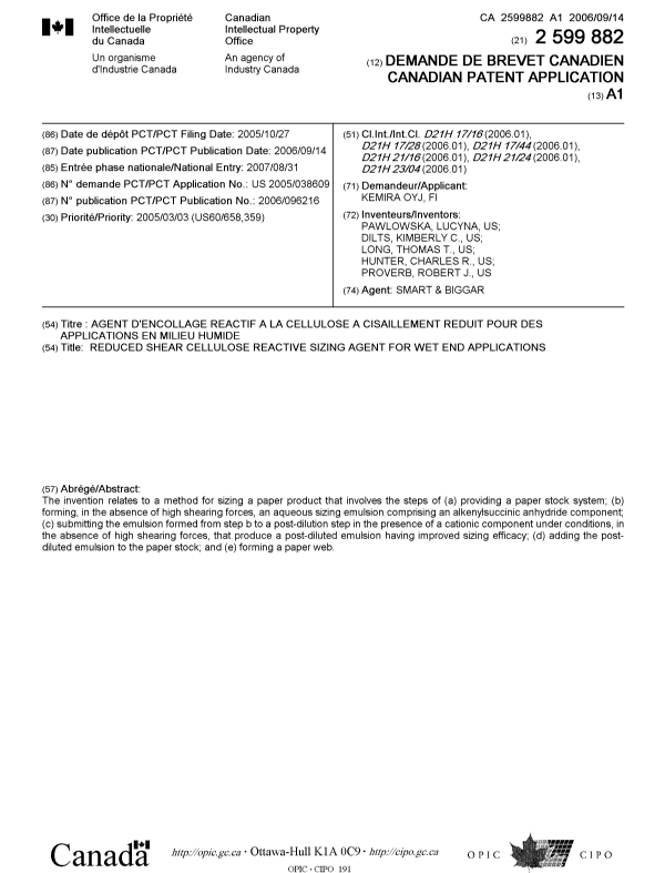 Document de brevet canadien 2599882. Page couverture 20071121. Image 1 de 1