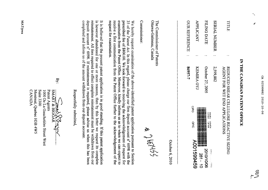 Canadian Patent Document 2599882. Prosecution-Amendment 20101006. Image 1 of 1