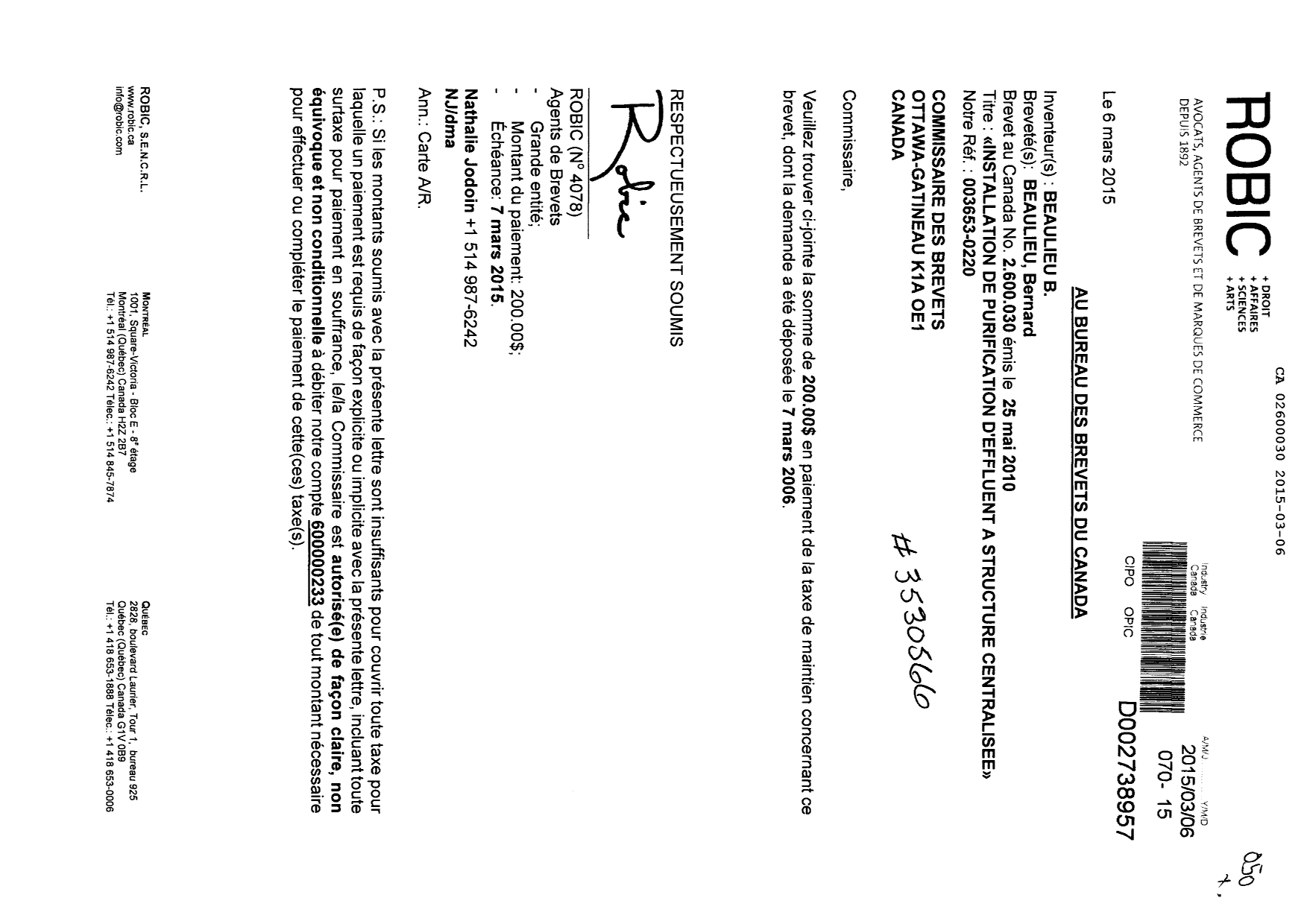 Canadian Patent Document 2600030. Fees 20150306. Image 1 of 1