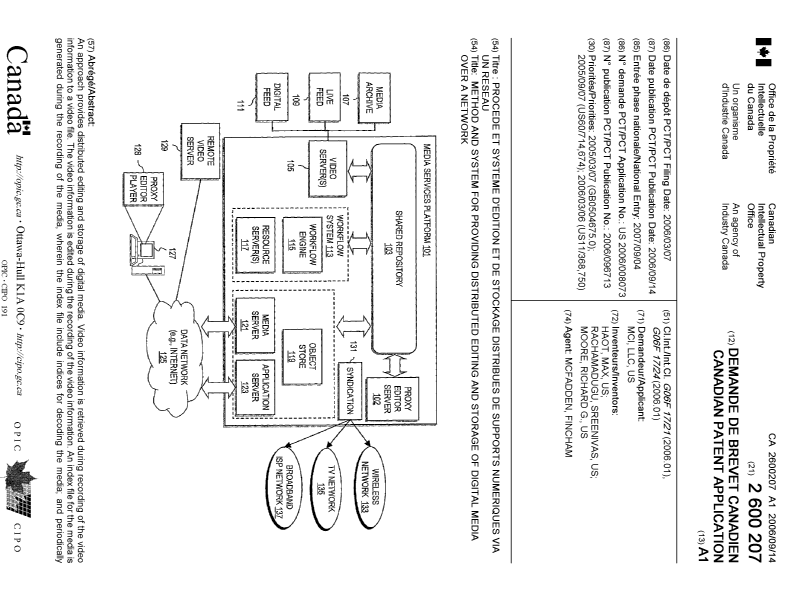 Document de brevet canadien 2600207. Page couverture 20071122. Image 1 de 2
