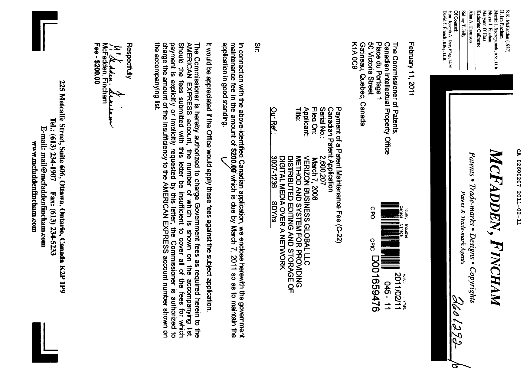 Canadian Patent Document 2600207. Fees 20110211. Image 1 of 1