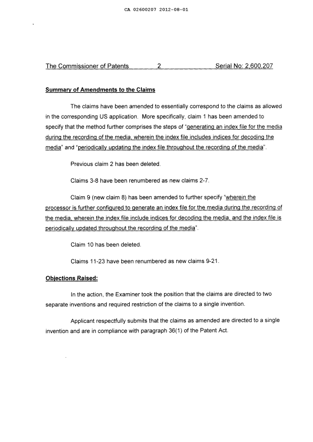 Document de brevet canadien 2600207. Poursuite-Amendment 20120801. Image 2 de 6