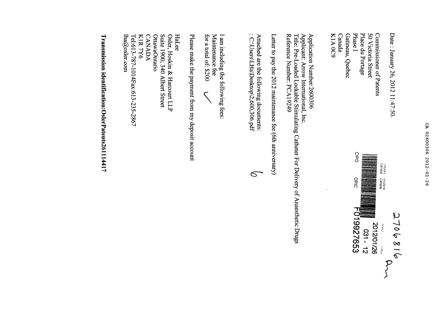 Document de brevet canadien 2600306. Taxes 20120126. Image 1 de 2