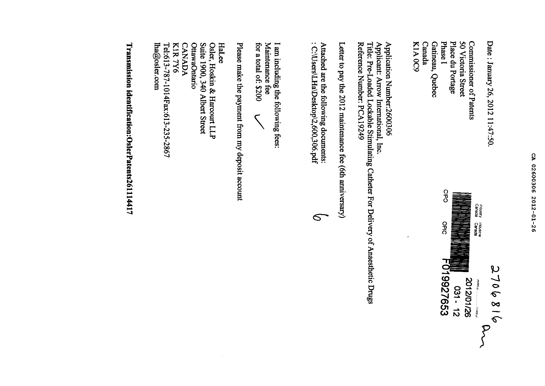 Canadian Patent Document 2600306. Fees 20120126. Image 1 of 2