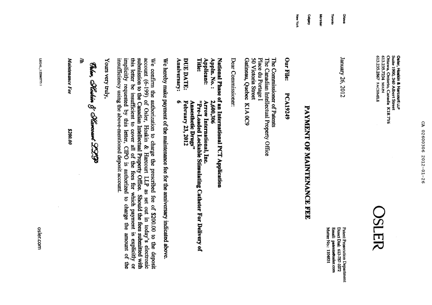 Canadian Patent Document 2600306. Fees 20120126. Image 2 of 2
