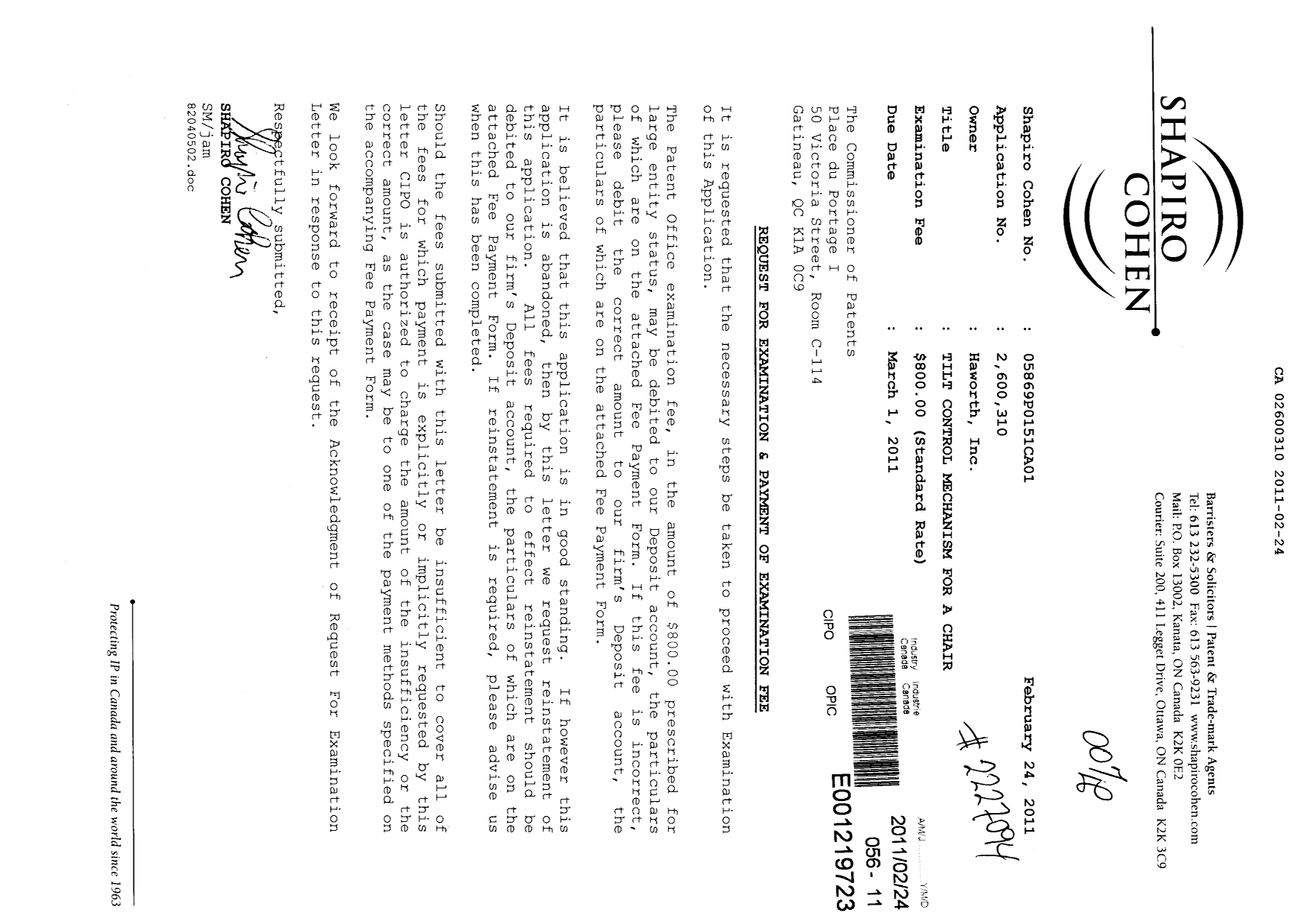 Canadian Patent Document 2600310. Prosecution-Amendment 20110224. Image 1 of 1