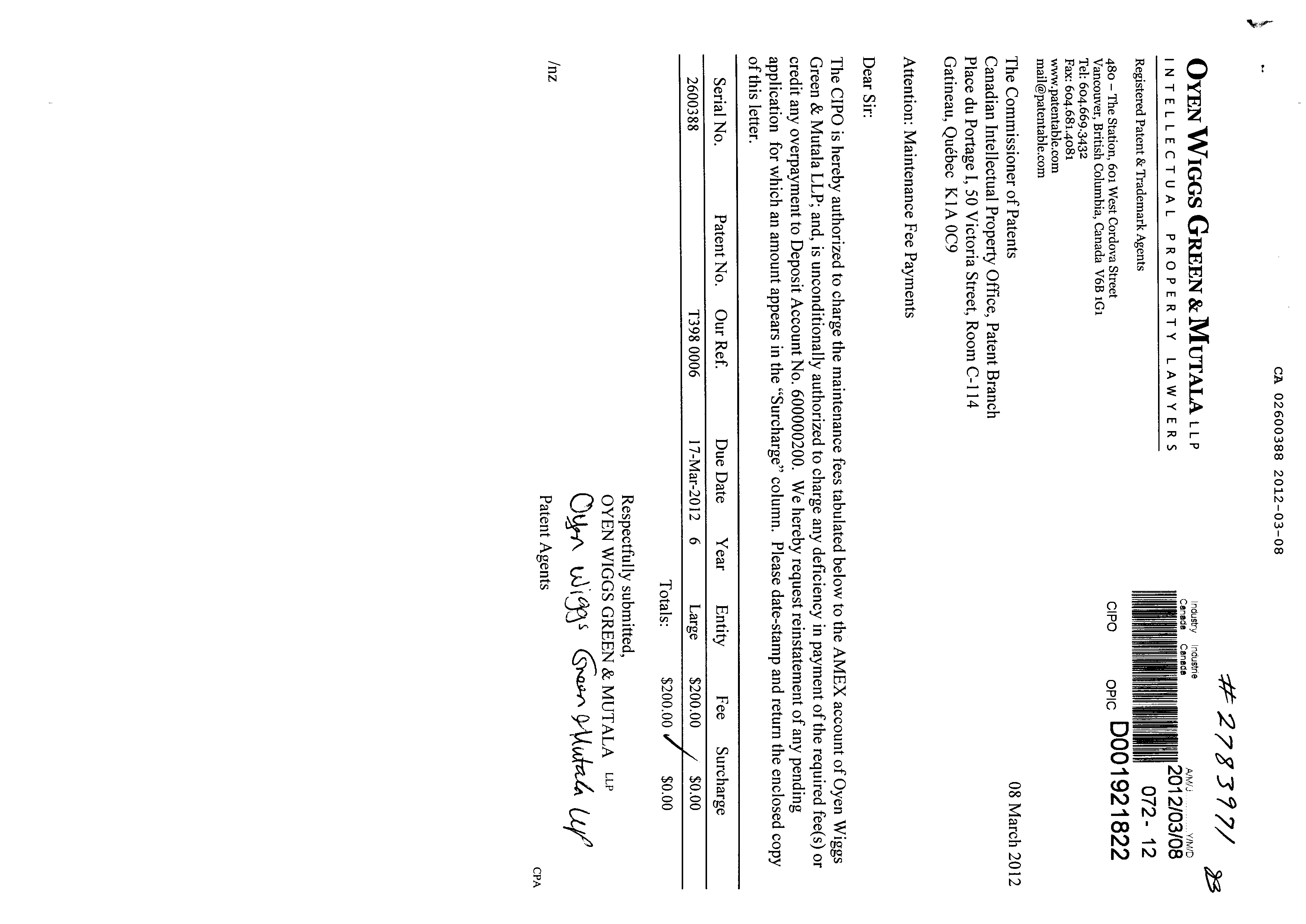 Document de brevet canadien 2600388. Taxes 20111208. Image 1 de 1