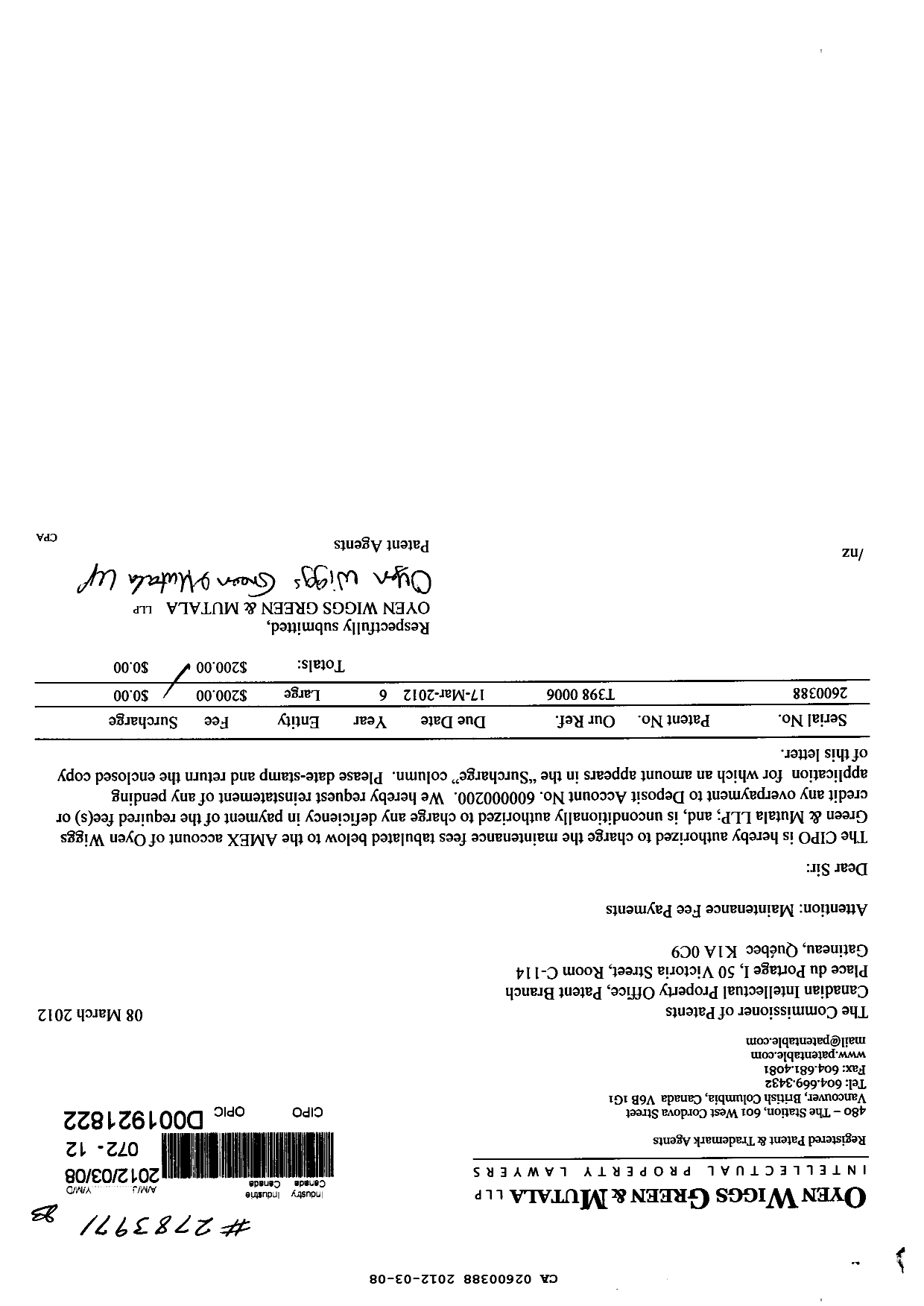 Canadian Patent Document 2600388. Fees 20111208. Image 1 of 1