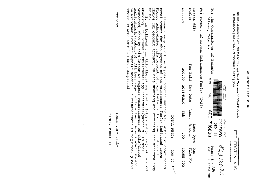 Document de brevet canadien 2600814. Taxes 20110308. Image 1 de 1
