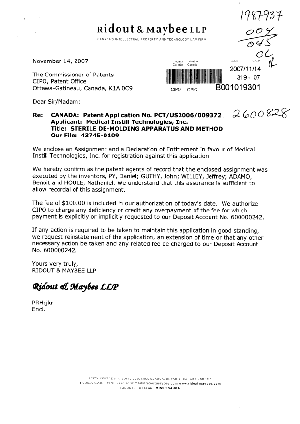 Canadian Patent Document 2600828. Assignment 20071114. Image 1 of 6