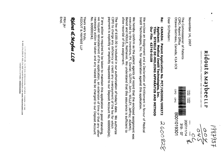 Document de brevet canadien 2600828. Correspondance 20071114. Image 1 de 2