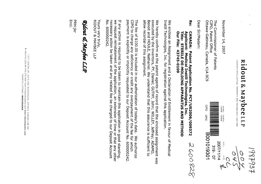 Document de brevet canadien 2600828. Cession 20071114. Image 1 de 6