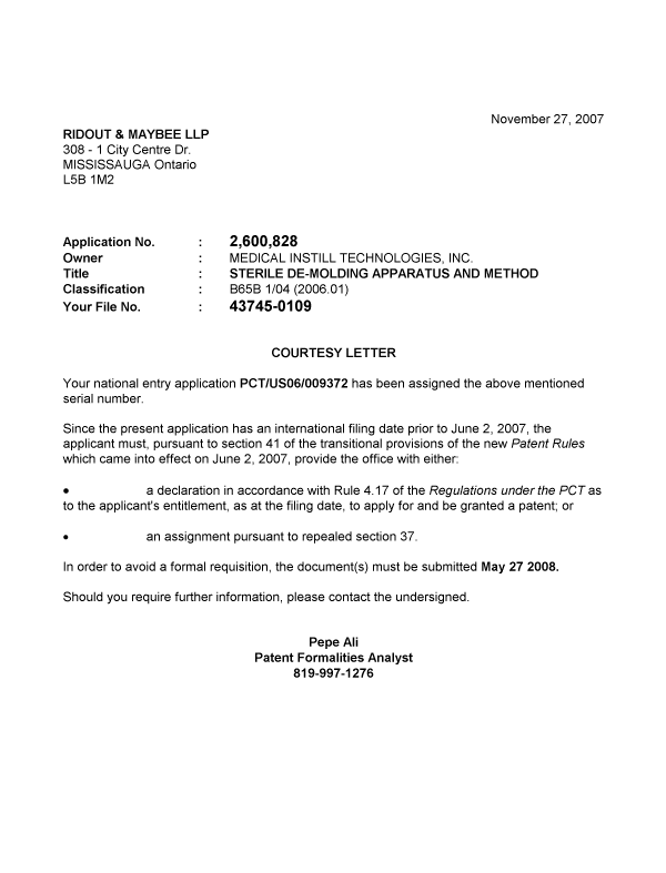 Canadian Patent Document 2600828. Correspondence 20071123. Image 1 of 1