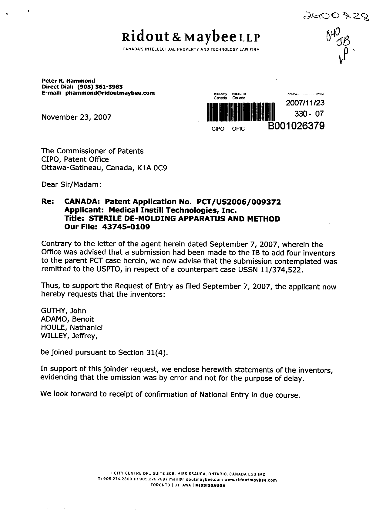 Document de brevet canadien 2600828. Correspondance 20071123. Image 1 de 6
