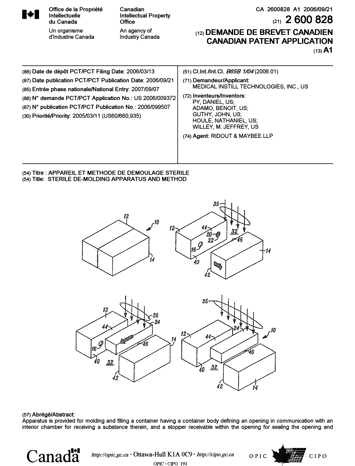 Document de brevet canadien 2600828. Page couverture 20071127. Image 1 de 2