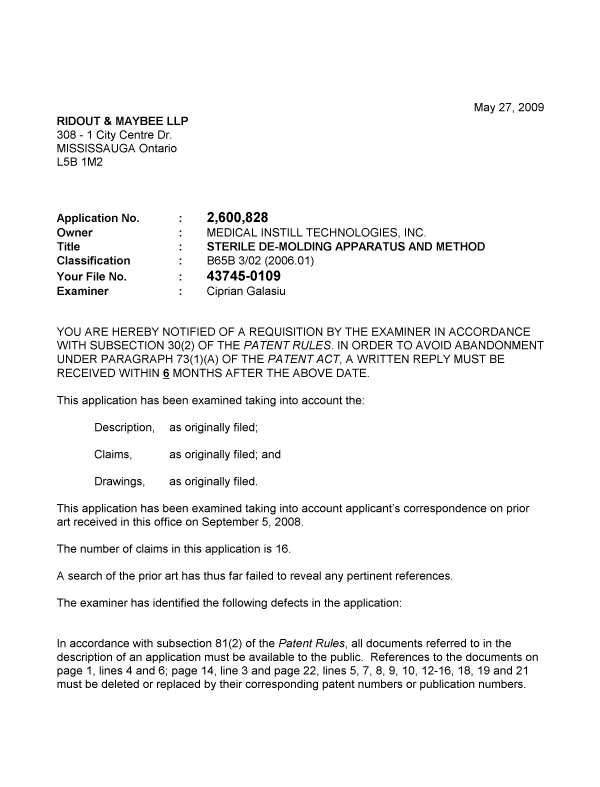 Canadian Patent Document 2600828. Prosecution-Amendment 20090527. Image 1 of 2