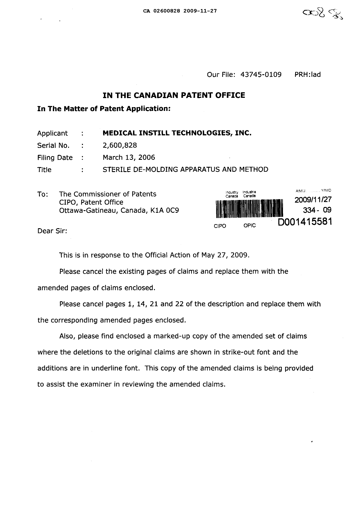 Document de brevet canadien 2600828. Poursuite-Amendment 20091127. Image 1 de 21